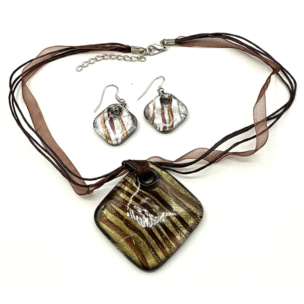 Art Glass Necklace Earrings Brown‎ Silver Dichroic Goldstone Stripe 17.5" Cord